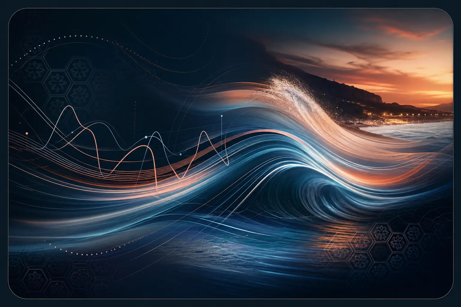 Ondas do oceano Atlântico a bater na costa portuguesa ao pôr do sol