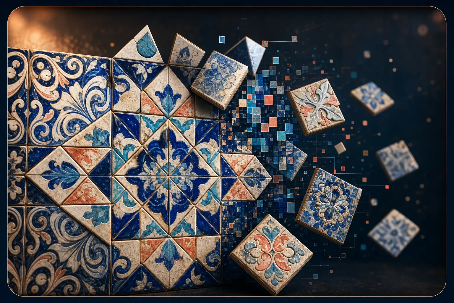 Mosaico de azulejos portugueses em padrões geométricos e florais