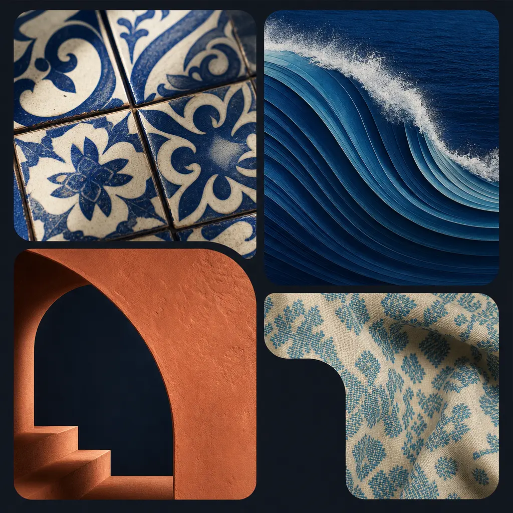 Colagem de elementos culturais portugueses: azulejos, mercado tradicional e oceano Atlântico