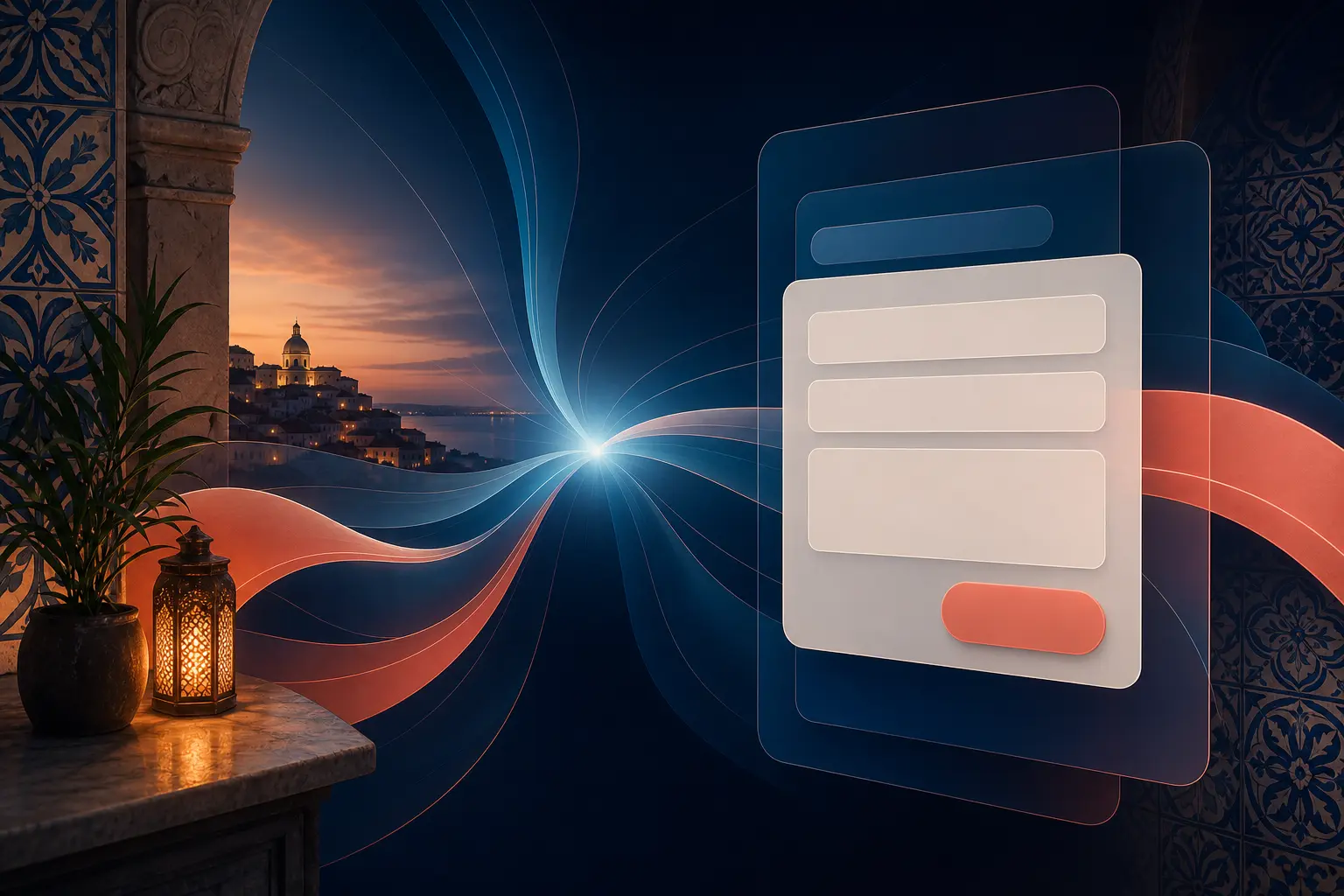 Ilustração de painel de contacto com elementos visuais inspirados em Portugal